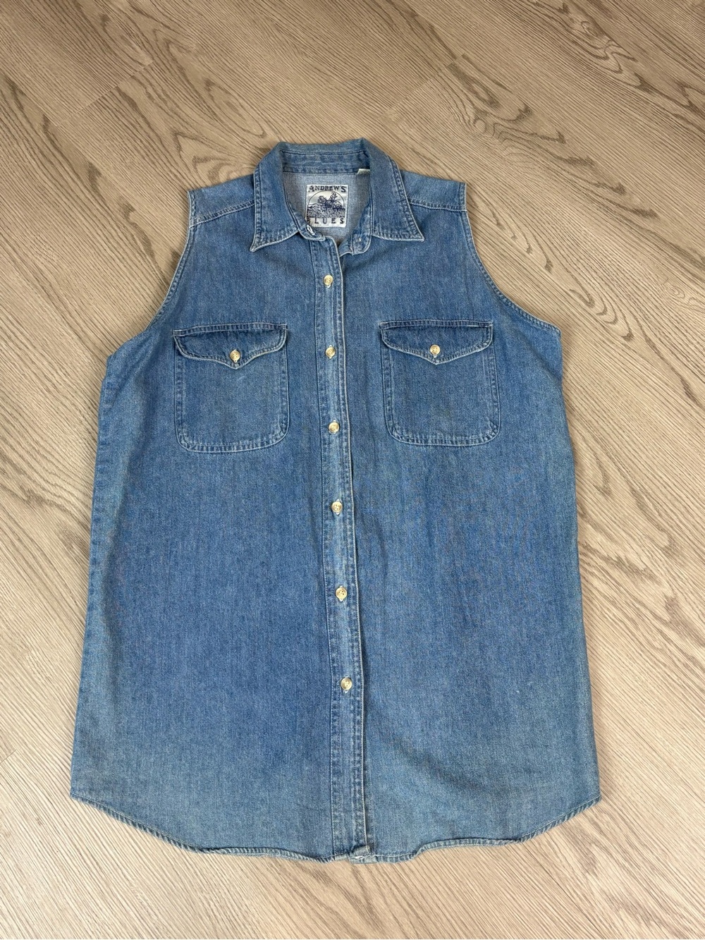 Vintage-Inspired Blue Denim Sleeveless Shirt - Andrew Marc